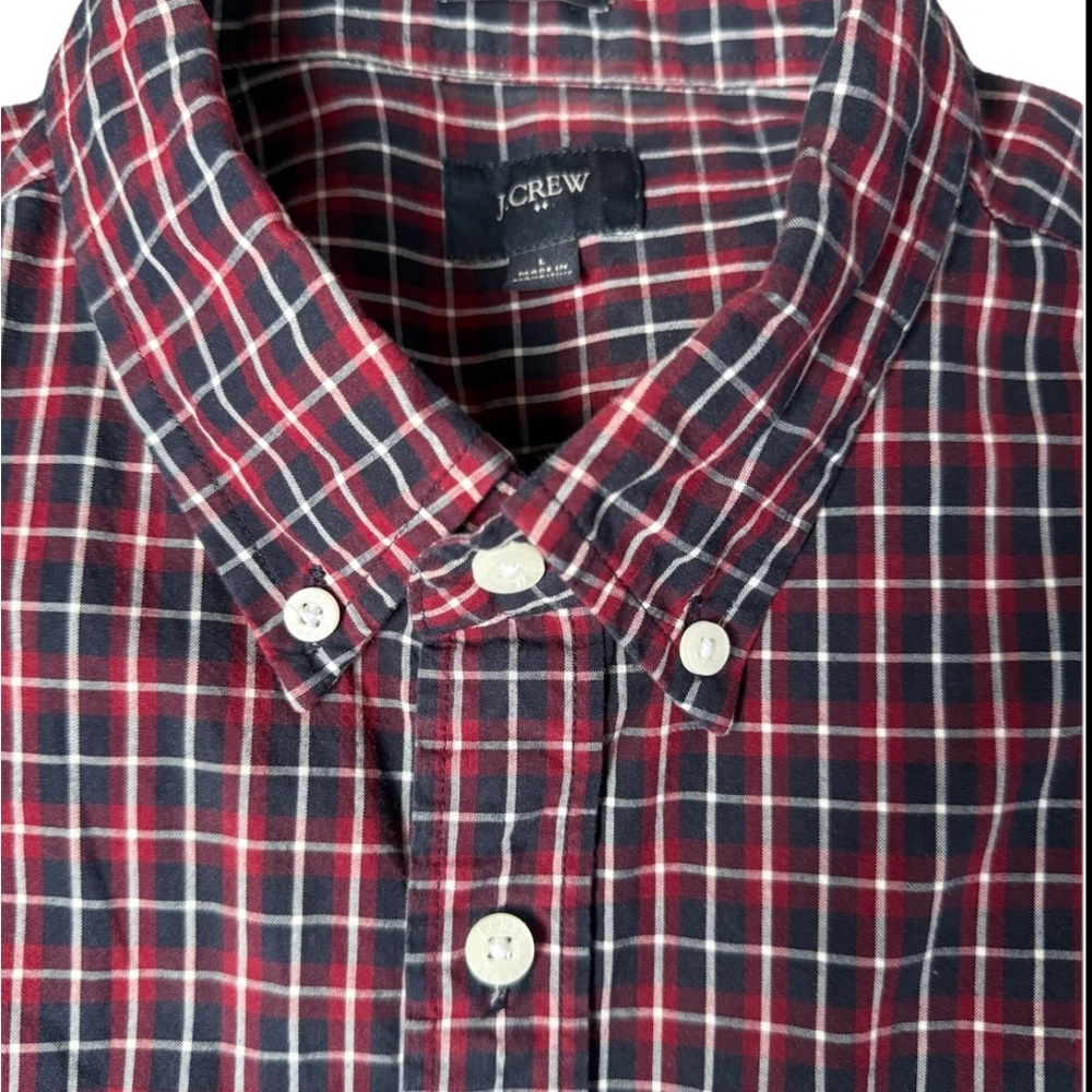 J. Crew Men's Red and Navy Plaid Button-Down Shirt Size Large